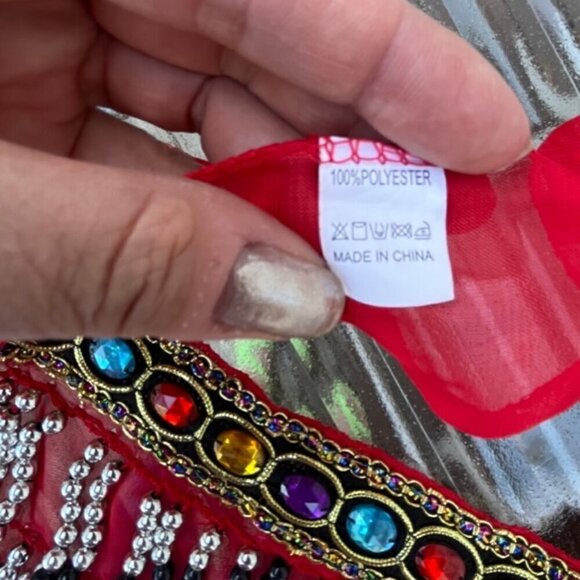 Chiffon Red Belly Dance Hip Scarf Colorful Gems Silver Coins and Bead Wrap Skirt - Picture 7 of 10